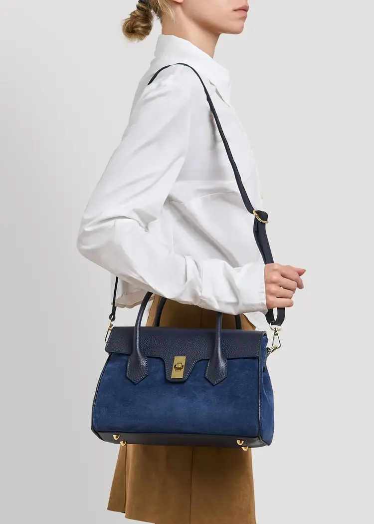 Voemien Cecile Bag in Navy Blue Suede and Dollar Leather