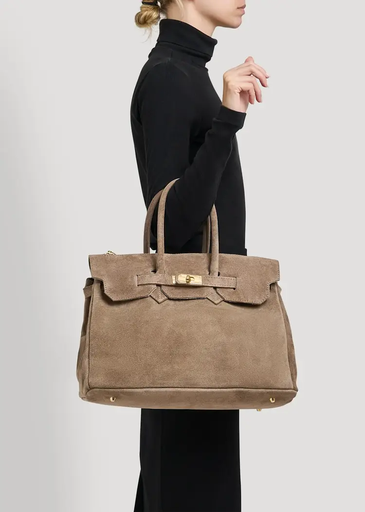 Voemien Elizabeth Bag in Taupe Suede and Togo Leather