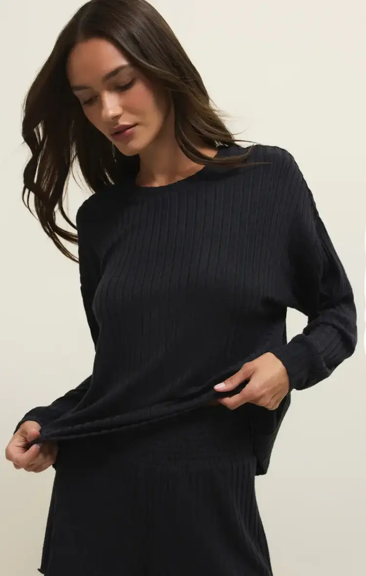 ZSupply Daydream Silky Rib Long Sleeve Top Black Sand