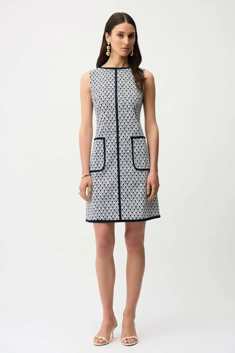 Joseph Ribkoff Millennium Geometric Print A-Line Dress With Contrast Trim Vanilla/Midnight Blue