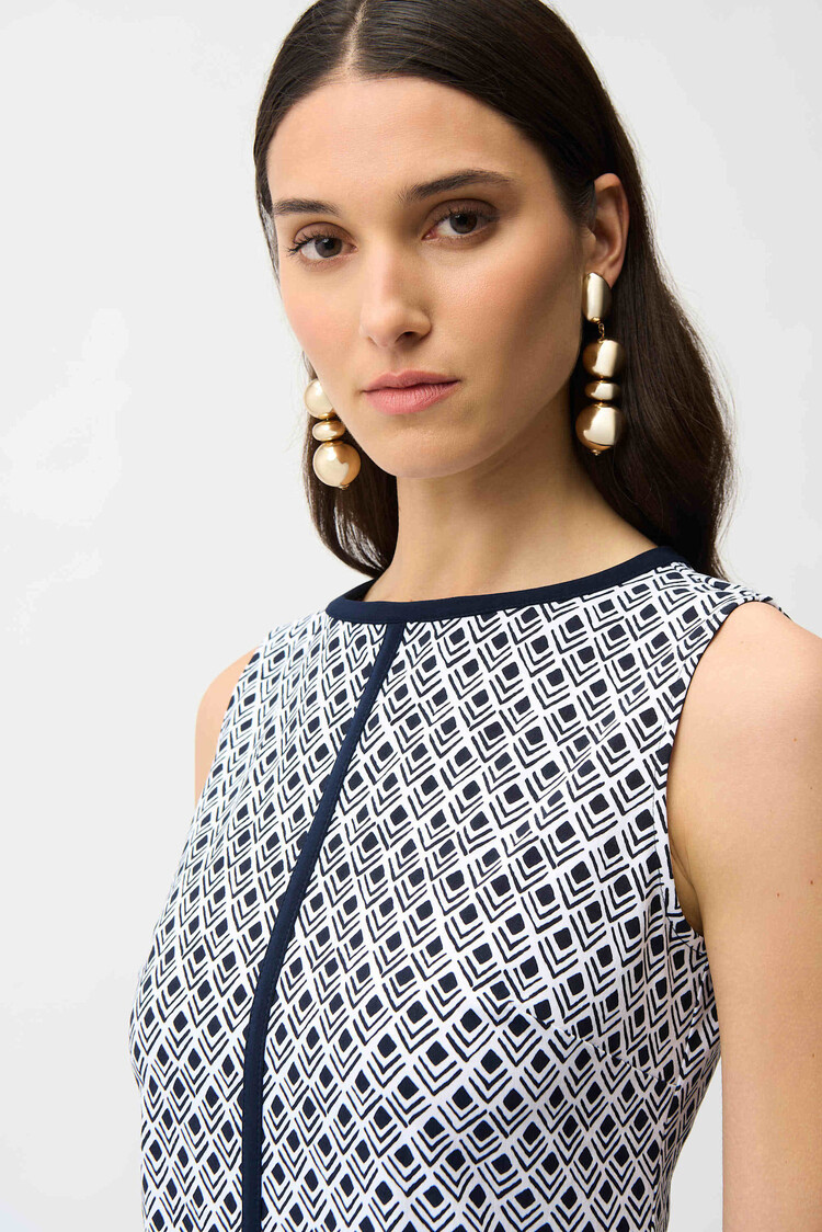 Joseph Ribkoff Millennium Geometric Print A-Line Dress With Contrast Trim Vanilla/Midnight Blue