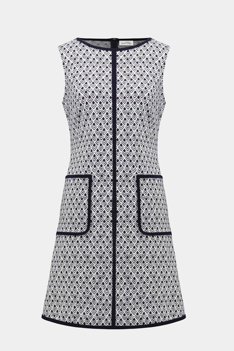 Joseph Ribkoff Millennium Geometric Print A-Line Dress With Contrast Trim Vanilla/Midnight Blue