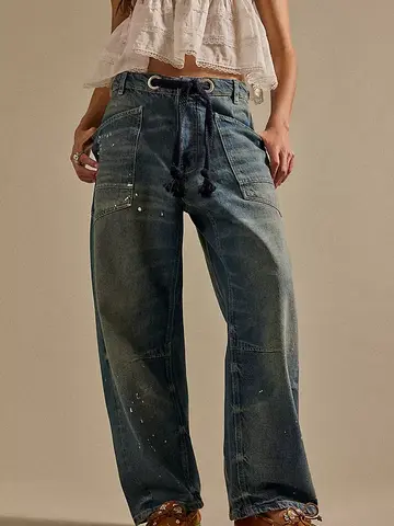 Free People Moxie Low Slung Pull On Barrel Timeless Blue