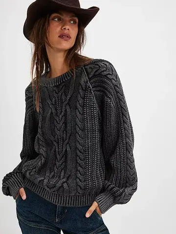 Free People Frankie Cable Sweater Black