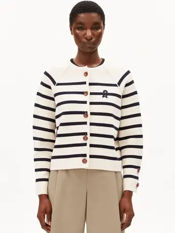 Armed Angels PLACED Stripe Knit Cardigan Oatmilk-Night Sky