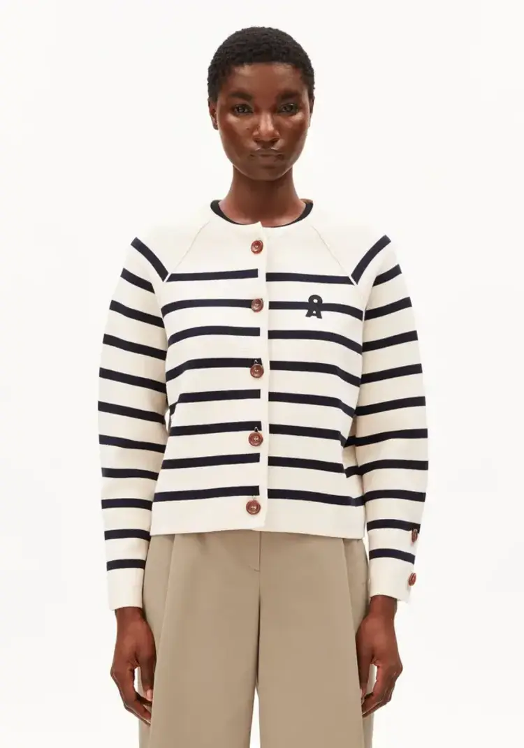 Armedangels PLACED Stripe Knit Cardigan Oatmilk-Night Sky