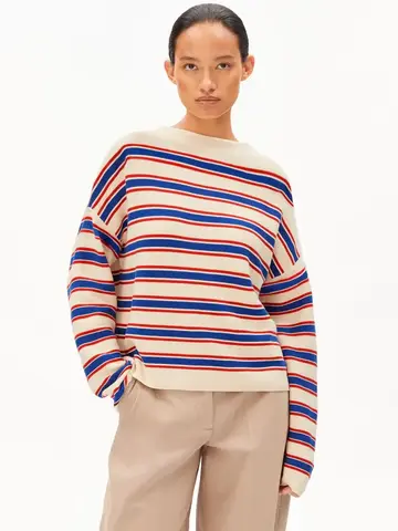Armedangels MERINAA Stripes Knit Sweater Oatmilk-Mars Red-Dynamo Blue