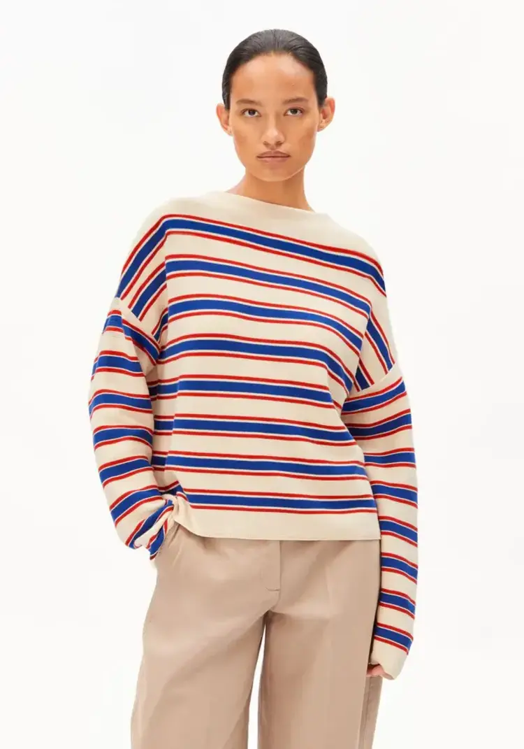 Armedangels MERINAA Stripes Knit Sweater Oatmilk-Mars Red-Dynamo Blue