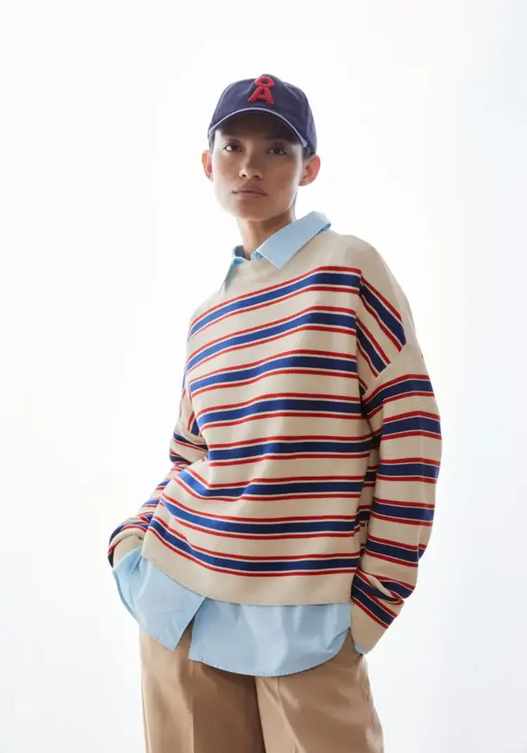 Armedangels MERINAA Stripes Knit Sweater Oatmilk-Mars Red-Dynamo Blue