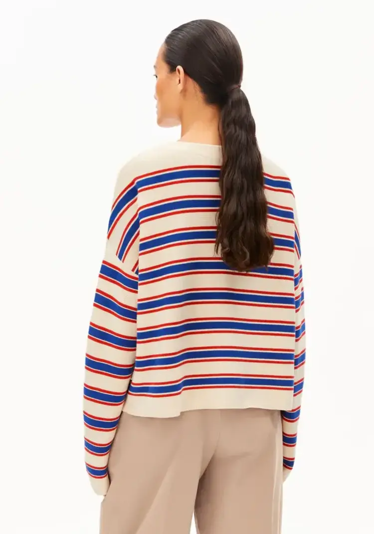 Armedangels MERINAA Stripes Knit Sweater Oatmilk-Mars Red-Dynamo Blue
