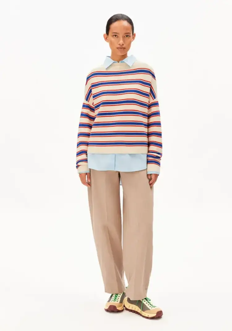 Armedangels MERINAA Stripes Knit Sweater Oatmilk-Mars Red-Dynamo Blue