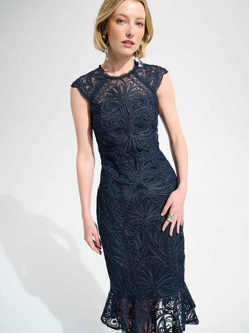 Joseph Ribkoff Guipure Soutache Trumpet Dress Midnight Blue