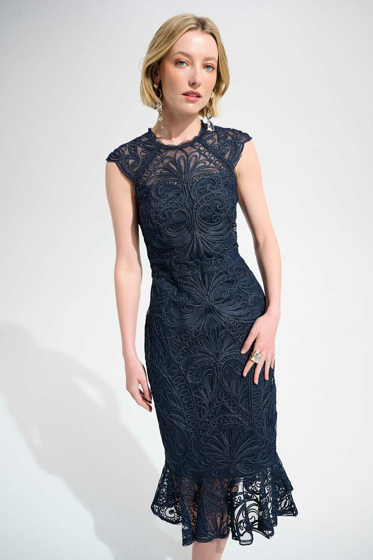 Joseph Ribkoff Guipure Soutache Trumpet Dress Midnight Blue