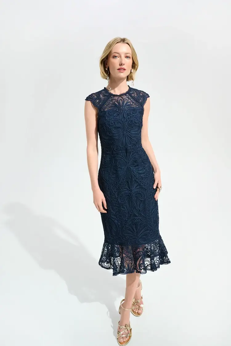 Joseph Ribkoff Guipure Soutache Trumpet Dress Midnight Blue
