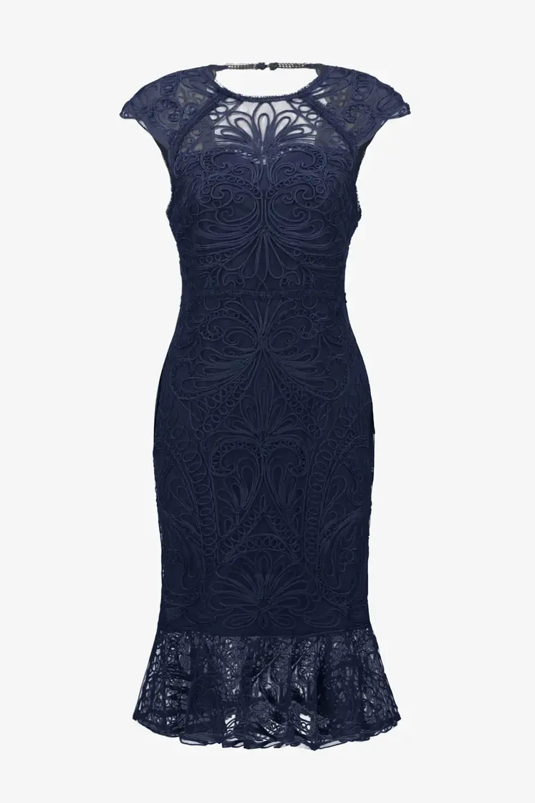 Joseph Ribkoff Guipure Soutache Trumpet Dress Midnight Blue