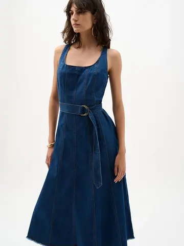 Joseph Ribkoff Denim Fit & Flare Midi Dress Medium Blue