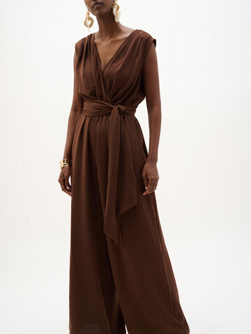 Joseph Ribkoff Woven Gauze Wide Leg Pull on Jumpsuit Mahogany