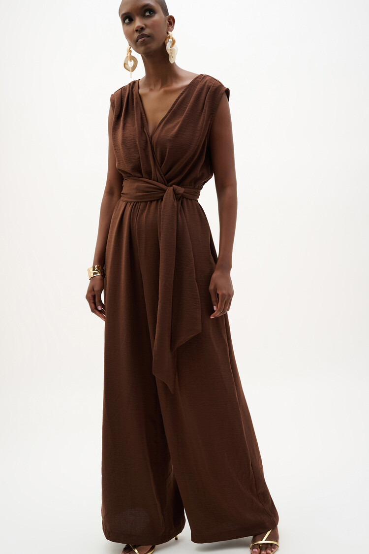 Joseph Ribkoff Woven Gauze Wide Leg Pull on Jumpsuit Mahogany