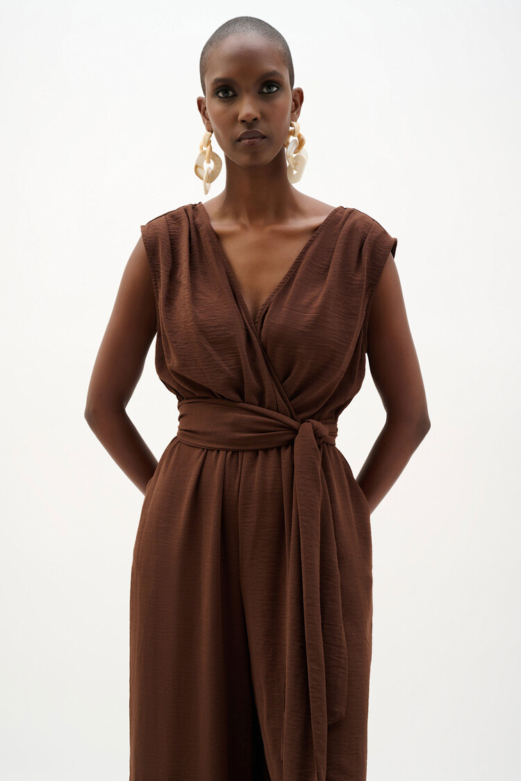 Joseph Ribkoff Woven Gauze Wide Leg Pull on Jumpsuit Mahogany