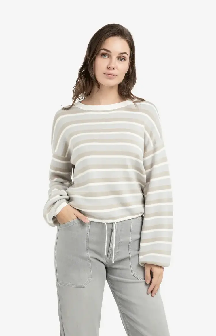 Yaya Striped Sweater with Drawstring Hem Vapor Blue Grey Dessin