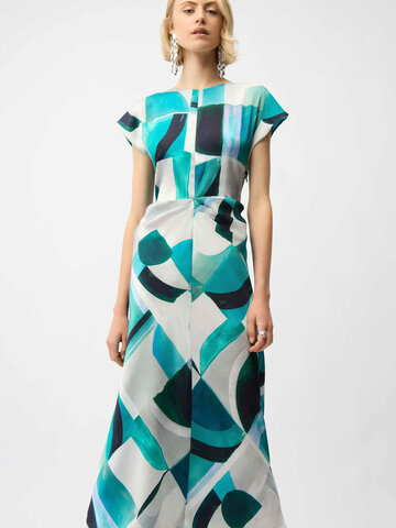Joseph Ribkoff Textured Satin Geometric Fit & Flare Dress Green Multi