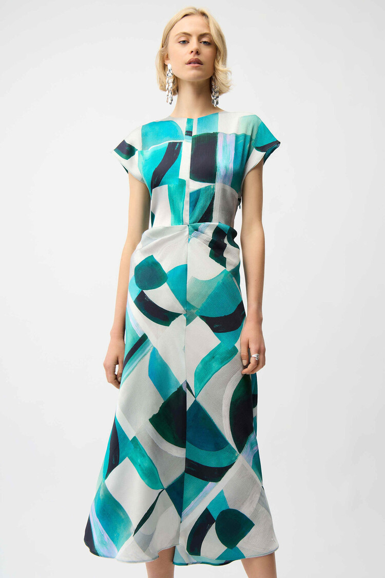 Joseph Ribkoff Textured Satin Geometric Fit & Flare Dress Green Multi