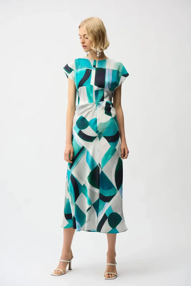 Joseph Ribkoff Textured Satin Geometric Fit & Flare Dress Green Multi