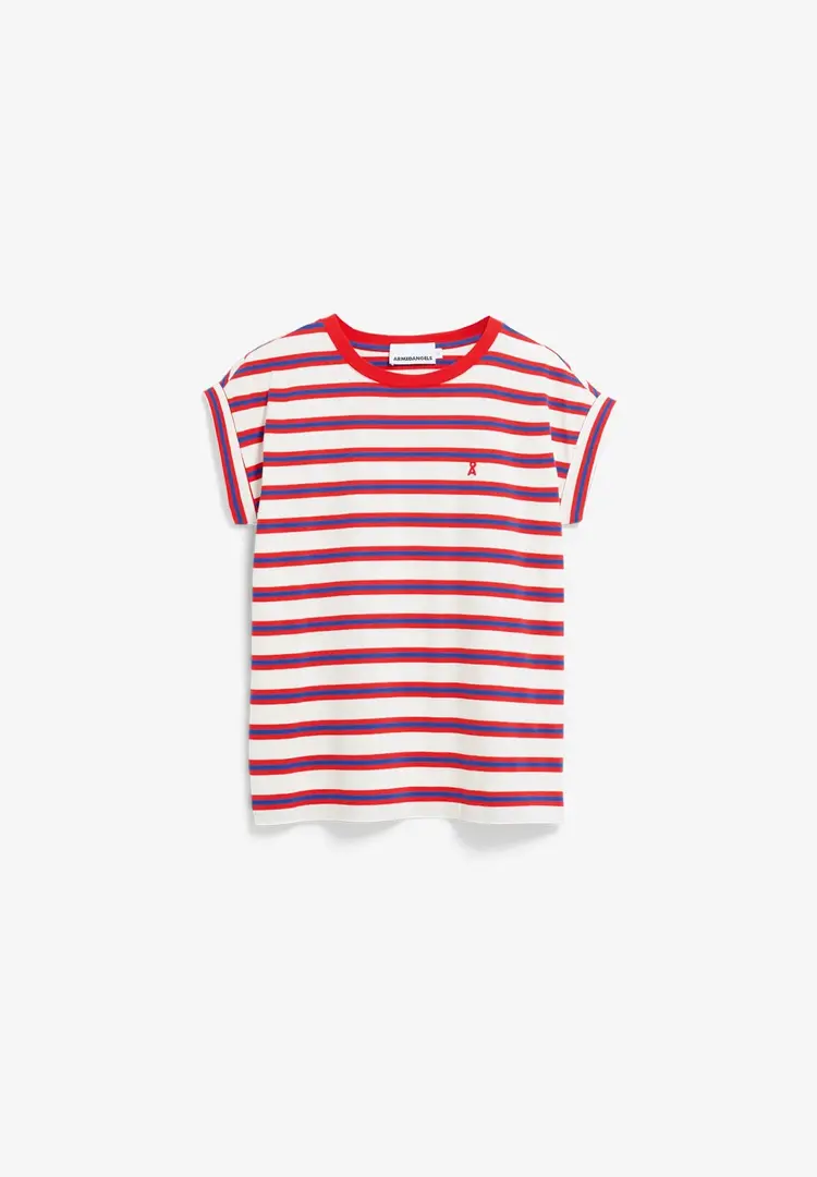 Armedangels IDAARA Stripes T-Shirt Light Oatmilk-Mars Red-Dynamo Blue