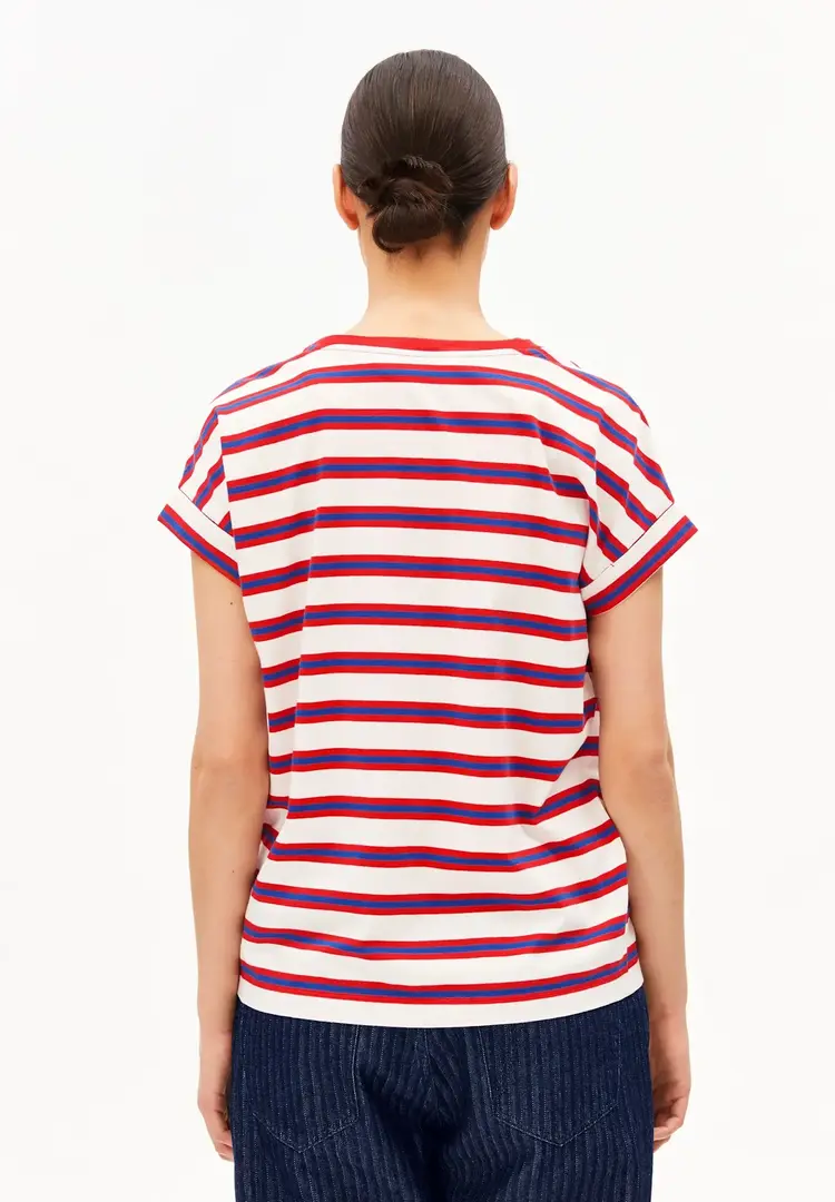 Armedangels IDAARA Stripes T-Shirt Light Oatmilk-Mars Red-Dynamo Blue