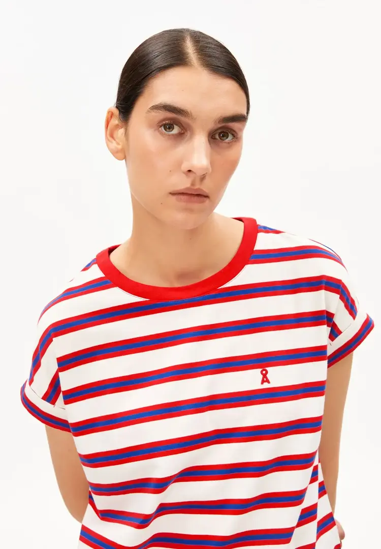Armedangels IDAARA Stripes T-Shirt Light Oatmilk-Mars Red-Dynamo Blue