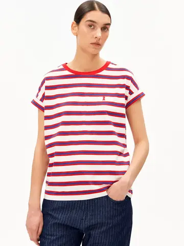 Armedangels IDAARA Stripes T-Shirt Light Oatmilk-Mars Red-Dynamo Blue