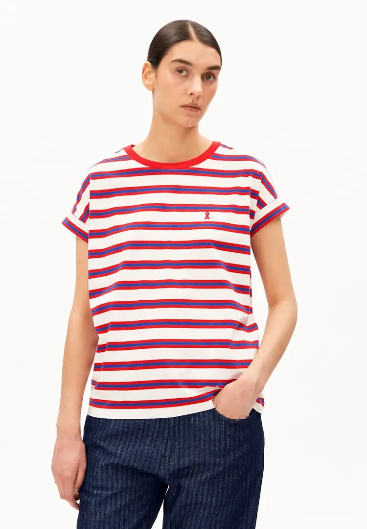 Armedangels IDAARA Stripes T-Shirt Light Oatmilk-Mars Red-Dynamo Blue