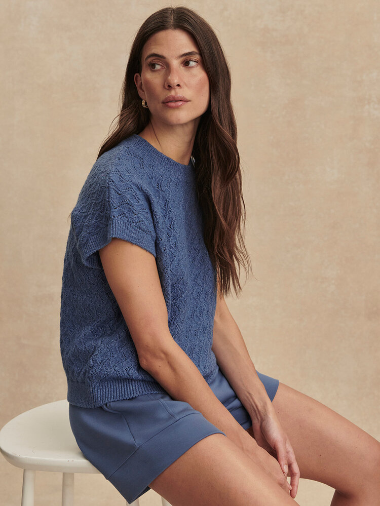 Varley Manae Pointelle Knit Top Bijou Blue