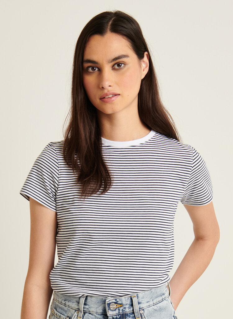 Patrick Assaraf Pima Cotton Stretch Slim Mini Stripe Slim Crewneck White