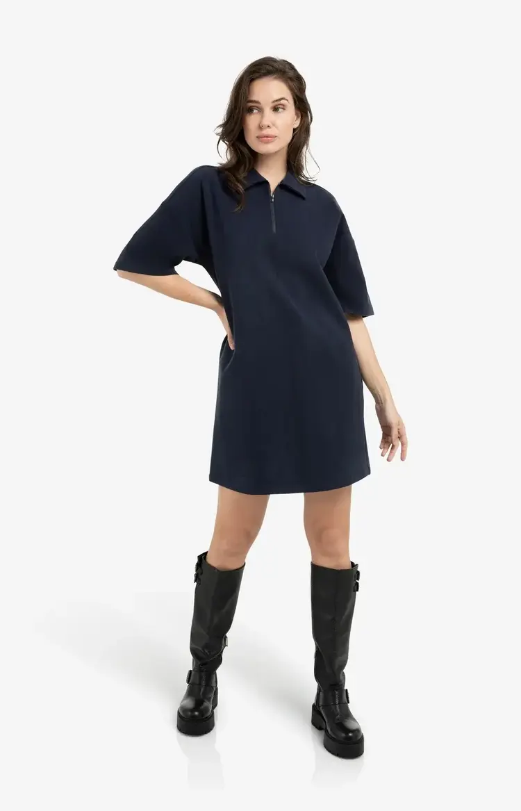 Yaya Half Zip Short Sleeve Polo Dress Navy Blazer Blue