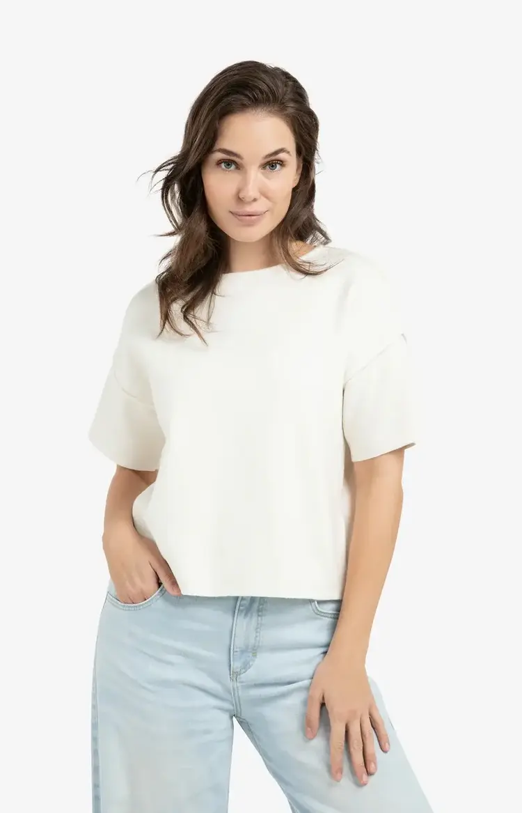 Yaya Sweater with Seams Short Sleeve Ecru