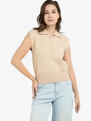 Yaya Sleeveless Sweater with Collar Desert Beige