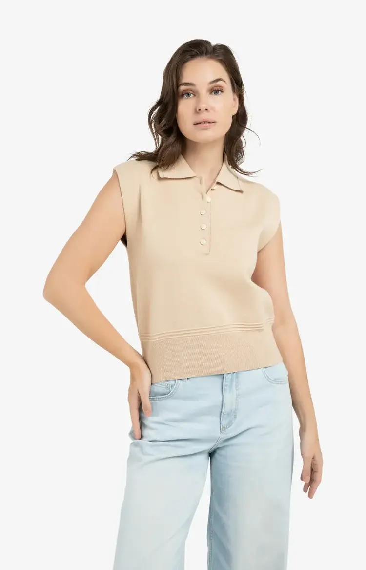 Yaya Sleeveless Sweater with Collar Desert Beige