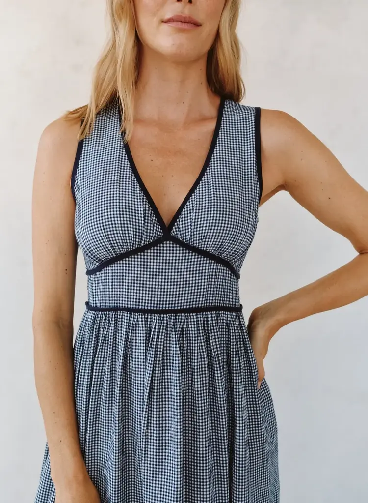 Bella Dahl Fit & Flare V Neck Midi Dress Navy Micro Gingham