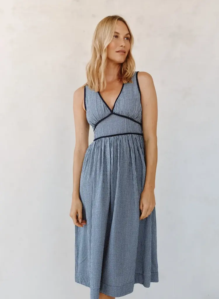 Bella Dahl Fit & Flare V Neck Midi Dress Navy Micro Gingham