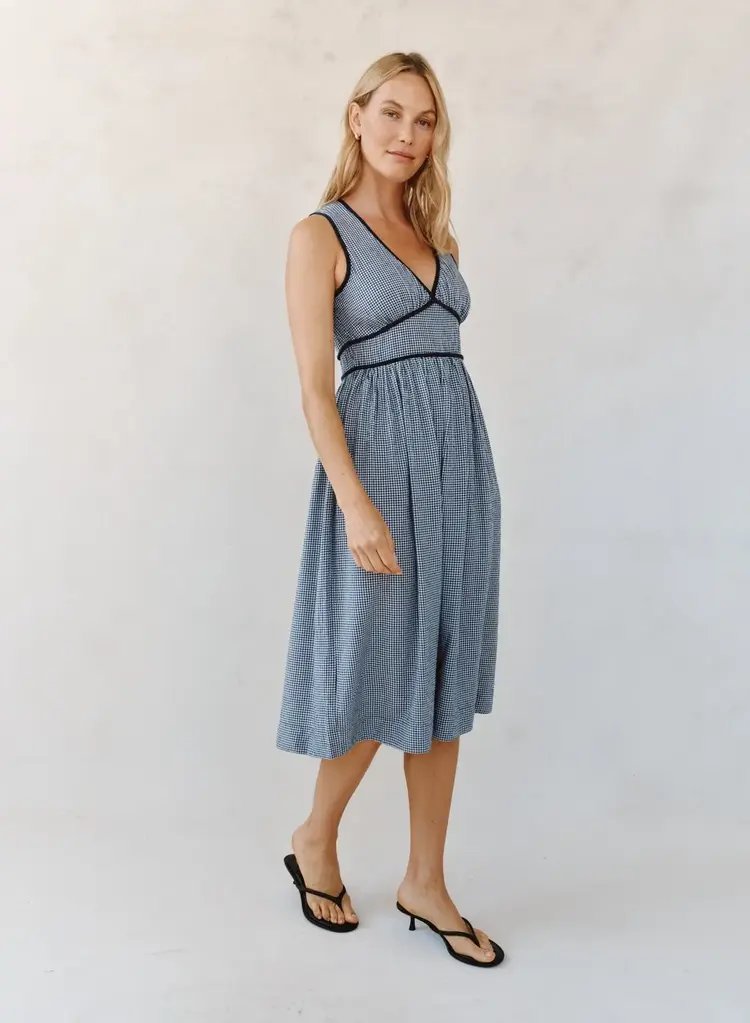 Bella Dahl Fit & Flare V Neck Midi Dress Navy Micro Gingham