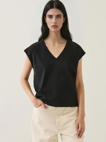 Patrick Assaraf Pima Cotton Stretch Dolman V-Neck Tee Black