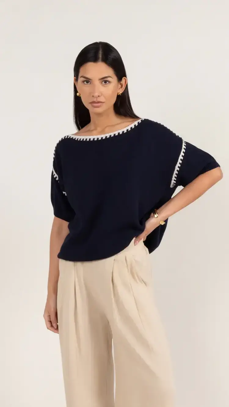Charli London Billie Short Sleeve Cotton Knit Deep Blue