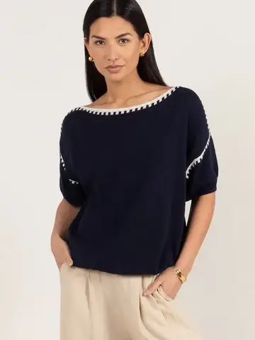 Charli London Billie Short Sleeve Cotton Knit Deep Blue