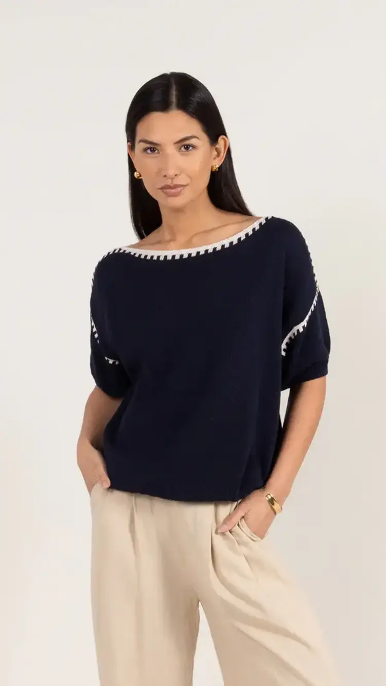 Charli London Billie Short Sleeve Cotton Knit Deep Blue