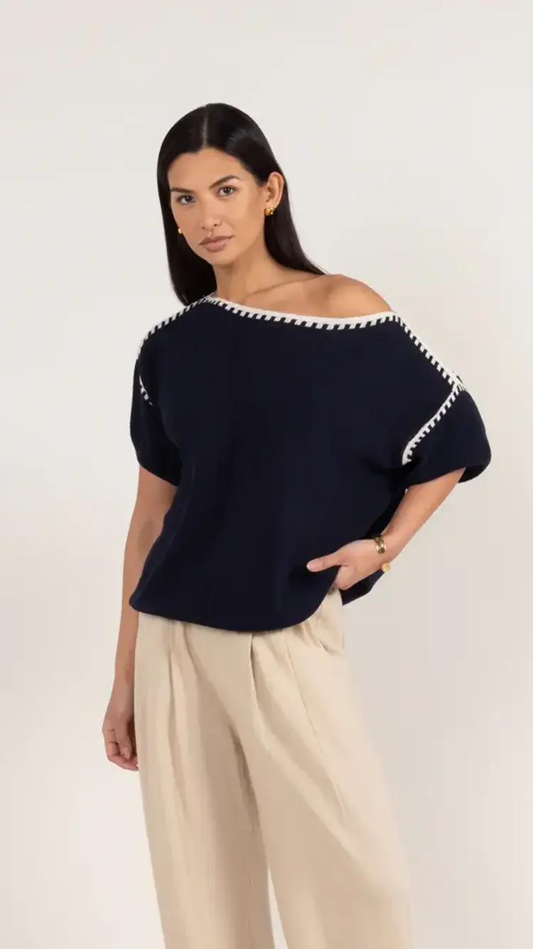Charli London Billie Short Sleeve Cotton Knit Deep Blue