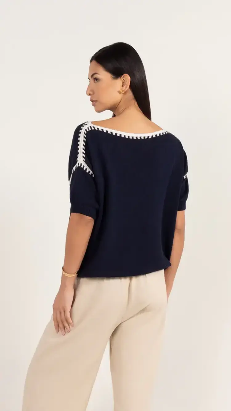 Charli London Billie Short Sleeve Cotton Knit Deep Blue