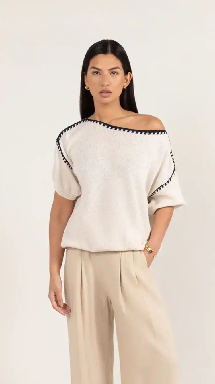 Charli London Billie Short Sleeve Cotton Knit Ecru