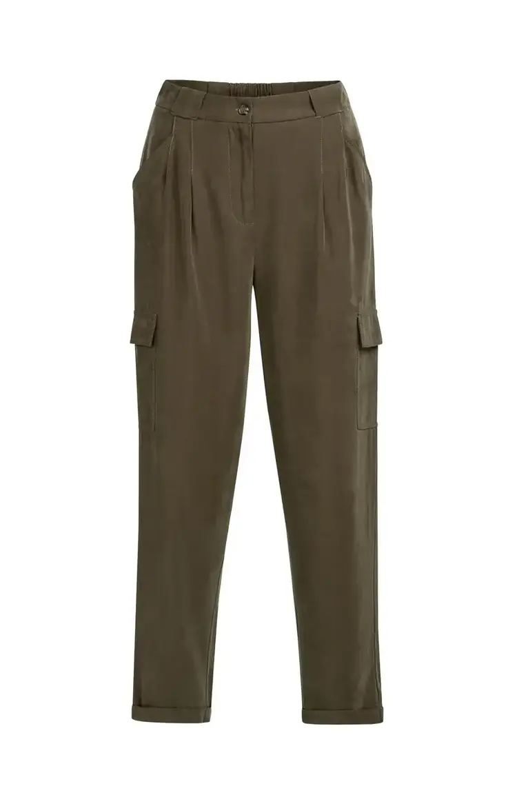 Yaya Woven Straight Leg Cargo Trousers with Pleats Army Green