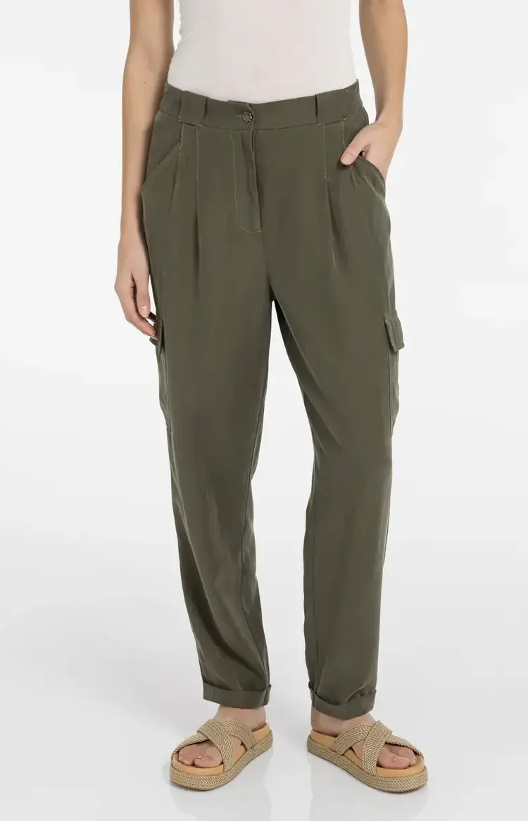 Yaya Woven Straight Leg Cargo Trousers with Pleats Army Green